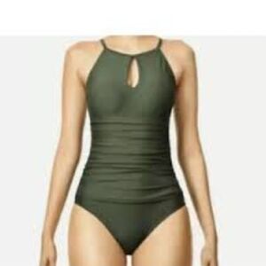 Ellen Tracy Olive Green One Piece Swimsuit with Ruched Design